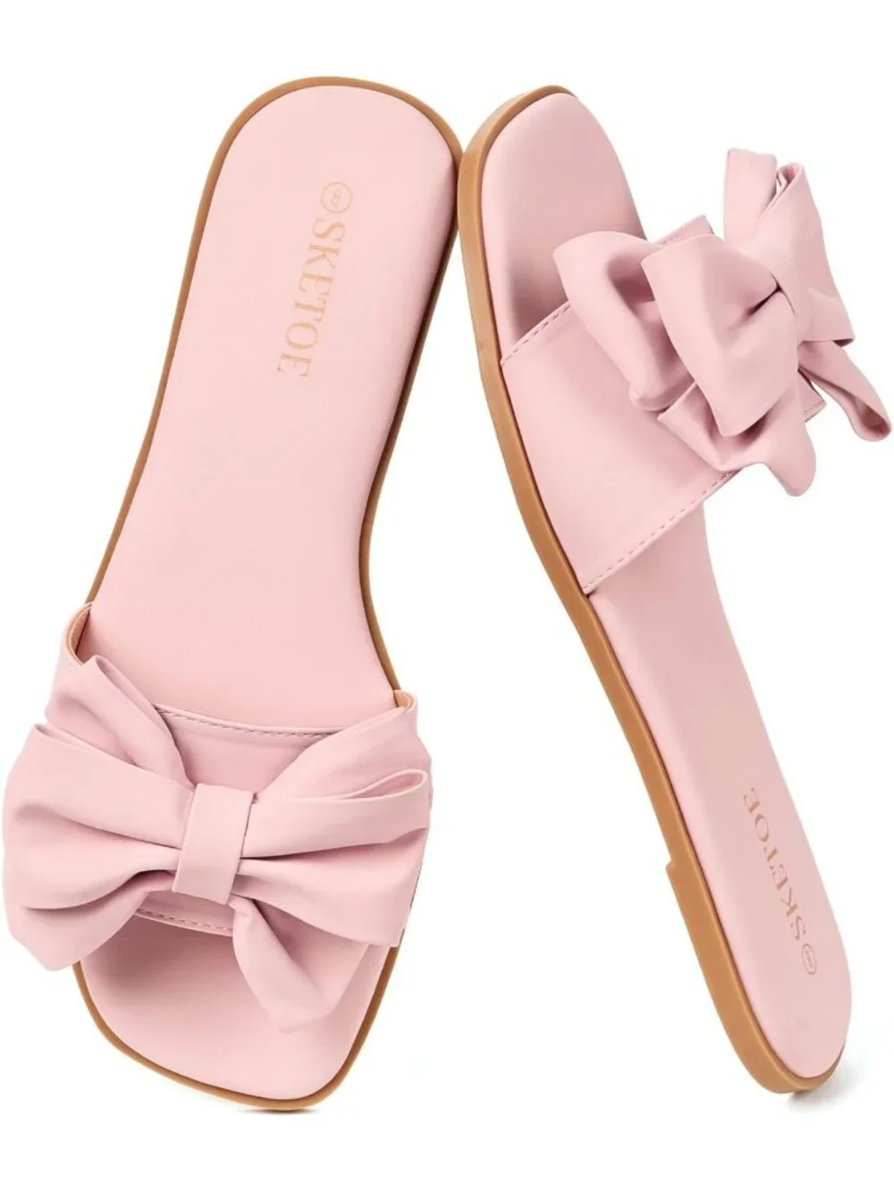 Women's Pink Faux Leather Bow Flat Sandals Open Saquare Toe Comfortable Slide